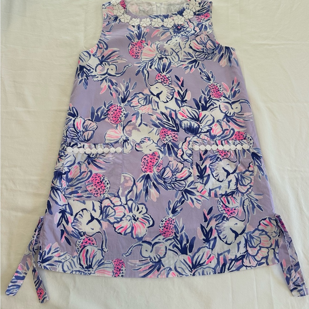 Lilly Pulitzer Girls 7 Elefrance Elephant Floral Shift Dress Lace Trim